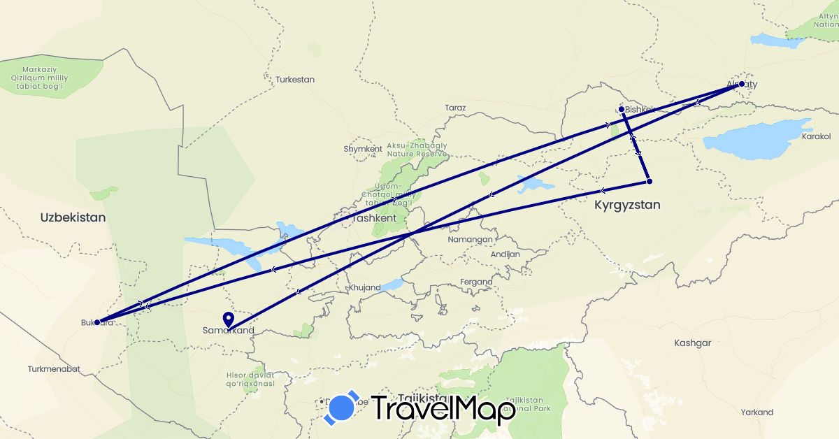 TravelMap itinerary: driving in Kyrgyzstan, Kazakhstan, Uzbekistan (Asia)